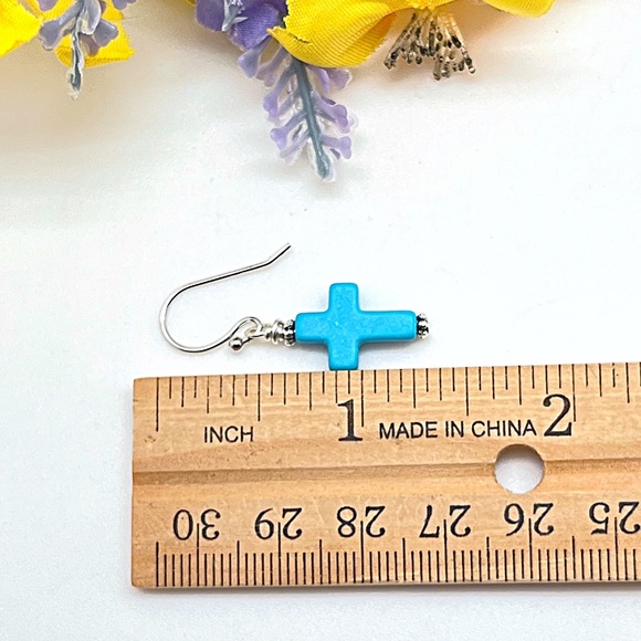 Small Turquoise or Soft White Cross Dangle Earrings, 1 3/8” Long, NWT, Gift Box - Picture 6 of 6